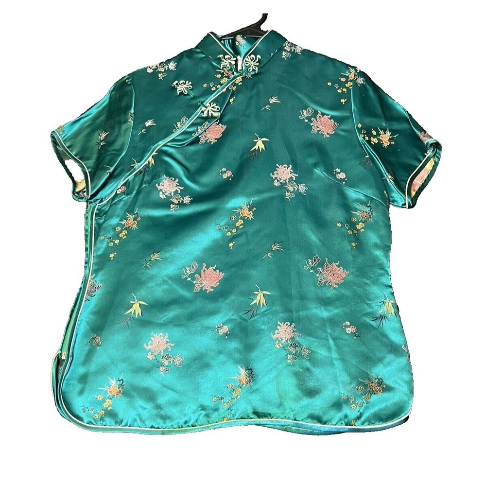 Silk Embroidered Mandarin Collar Top - Teal Green